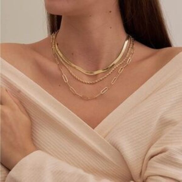 Jewelry - GOLD 14k Gold Plated 3pc Paperclip Herringbone Necklace Set Gift Minimalist
